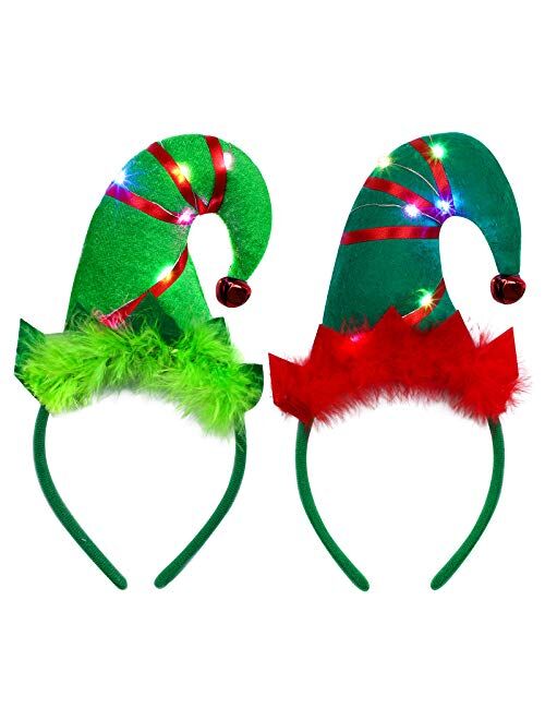 URATOT 2 Pack LED Christmas Elf Headbands Light Up Elf Costume Hats Headwear for Christmas Accessory