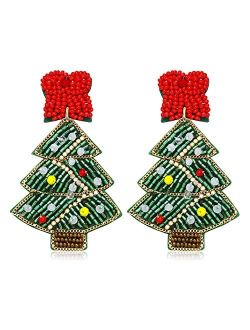 Zitulry Beaded Christmas Earrings for Women Holiday Earrings Handmade Christmas Tree Jingle Bell Drop Earrings Cute Xmas Cocktail Beaded Dangle Earrings Festive Party Jew