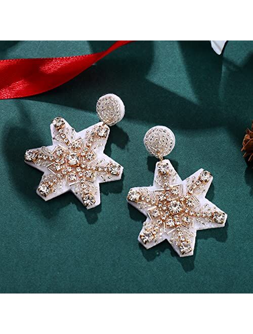 Jertocle Christmas Bead Dangle Earrings for Women Xmas Rhinestone Dangle Earrings Erystal Snowflake Drop Earrings Bohemia Christmas Handmade Colorful Seed Beaded Drop Ear