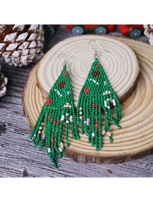 BEMDOFIG Christmas Tree Earrings For Woman Handmade Beaded Drop Earrings Holiday Christmas Jewelry Gift Long Beaded Tassel Earrings Bohemian Statement Chandelier Drop Ear