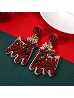 ELEARD Christmas Beaded Earrings for Women Statement Snowman Reindeer holiday drop earrings Handmade Christmas Holiday Jewelry Gift