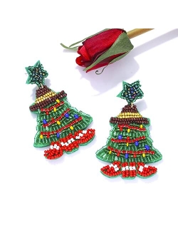 Hswe Christmas Beaded Earrings Statement Handmade Christmas Tree Santa Claus Beaded Drop Dangle Earrings Studs for Women Girls Thanksgiving Xmas Holiday Jewelry