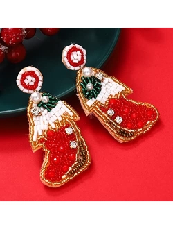 Lenoocle Christmas Earrings Beaded Holiday Earrings for Women Handmade Christmas Tree Dangling Earrings Cute Xmas Santa Stocking Drop Dangle Earrings Christmas Jewelry Gi