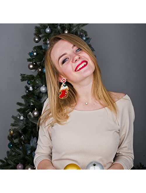Lenoocle Christmas Earrings Beaded Holiday Earrings for Women Handmade Christmas Tree Dangling Earrings Cute Xmas Santa Stocking Drop Dangle Earrings Christmas Jewelry Gi