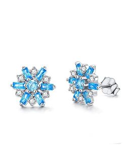 PYTALI Snowflake Earrings 925 Sterling Silver Stud Earrings with London Blue Ladder Square Crystal Winter Earrings for Women Girls Christmas Party