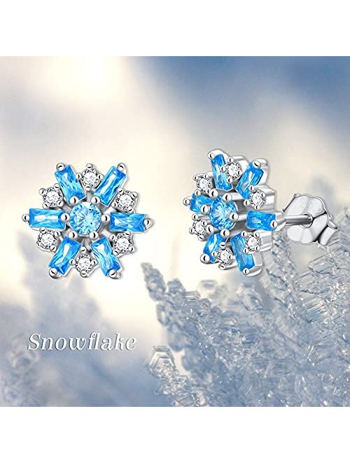 PYTALI Snowflake Earrings 925 Sterling Silver Stud Earrings with London Blue Ladder Square Crystal Winter Earrings for Women Girls Christmas Party