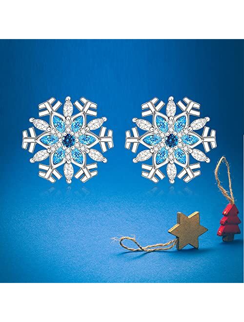 Fenthring Snowflake Earrings for Women Sterling Silver Snowflakes Christmas Stud Winter Snow Flower Earrings Blue Sapphire Holiday Jewelry XMAS Gifts