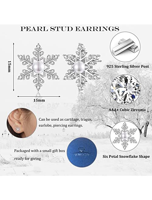Useedovia Christmas Gifts Pearl Snowflake Earrings for Women | Pearl 6 CZ Snowflake Round Cubic Zirconia Earrings Studs | Hypoallergenic Piercing Cartilage Jewelry Christ