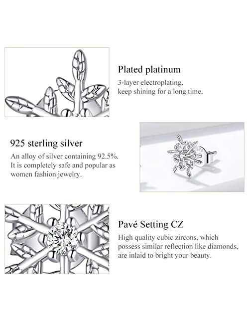 Qings Romantic Snowflake Stud Earrings 925 Sterling Silver Sparkling Hexagonal Ice Snow Flower Winter Ear Studs for Women Girls