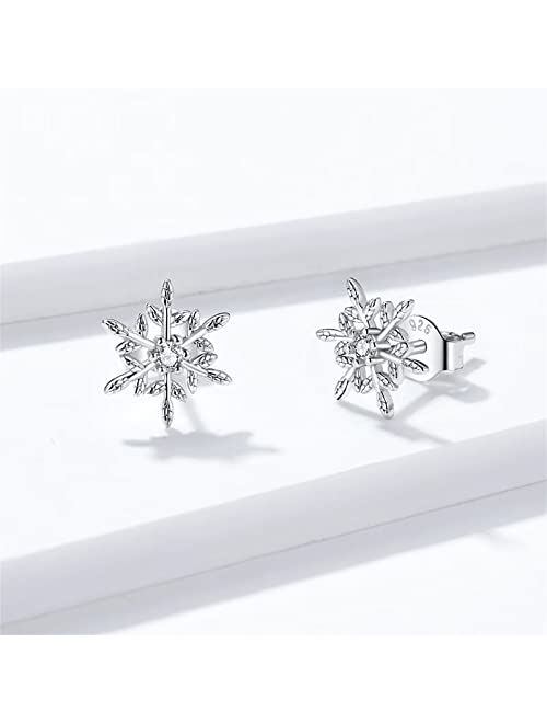 Qings Romantic Snowflake Stud Earrings 925 Sterling Silver Sparkling Hexagonal Ice Snow Flower Winter Ear Studs for Women Girls