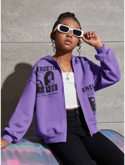 Kids Cooltwn Tween Girl 1pc Figure & Letter Graphic Drop Shoulder Zip Up Hoodie
