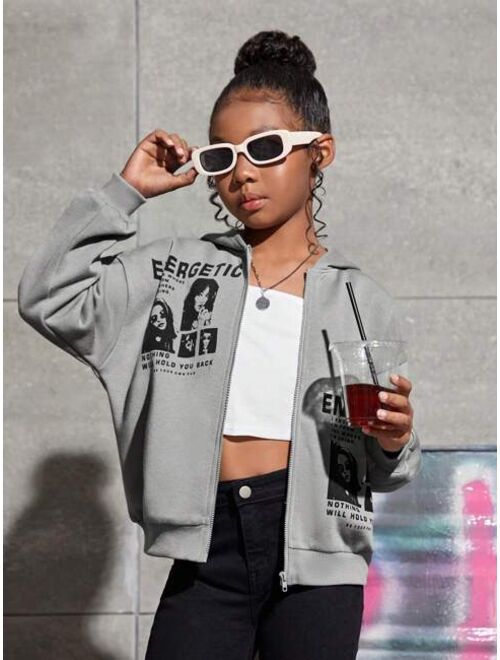 SHEIN Kids Cooltwn Tween Girl 1pc Figure & Letter Graphic Drop Shoulder Zip Up Hoodie