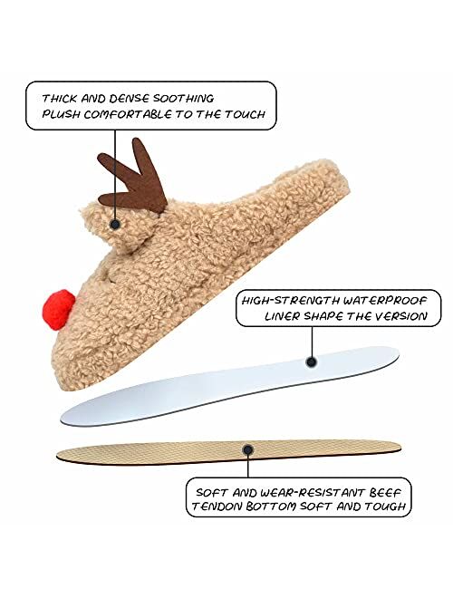 SKYWHEEL Adults Reindeer Slippers for Womens Size 6-11 Christmas House Indoor Bedroom Furry Durable Lightweight And Non-Slip