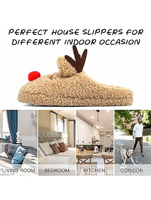 SKYWHEEL Adults Reindeer Slippers for Womens Size 6-11 Christmas House Indoor Bedroom Furry Durable Lightweight And Non-Slip