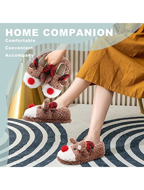 ASHION Women's Christmas Slippers Cute Fuzzy Reindeer House Slippers Stuffed Animal Bedroom Slippers Cozy Indoor Shoes