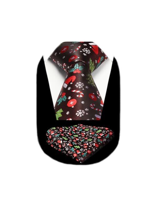 Hisdern Christmas Ties for Men Festival Necktie Boys Funny Vacation Xmas Tie Handkerchief & Pocket Square Set for Party