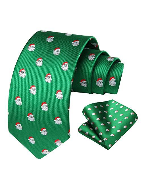HISDERN Christmas Ties for Men Holiday Festival Funny Tie and Pocket Square Set Vacation Xmas Party Necktie Handkerchief
