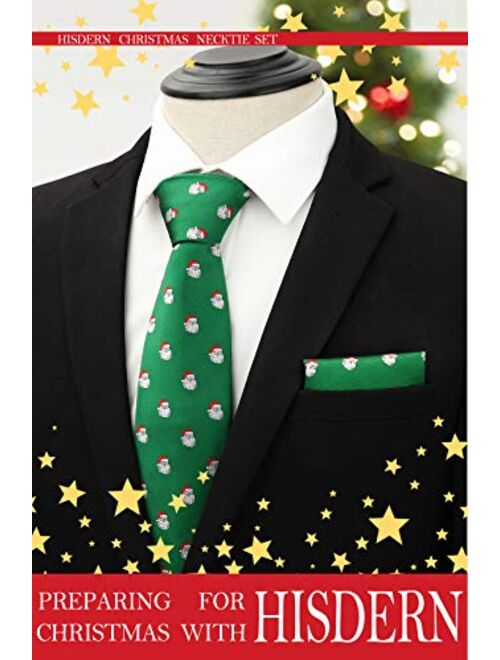 HISDERN Christmas Ties for Men Holiday Festival Funny Tie and Pocket Square Set Vacation Xmas Party Necktie Handkerchief