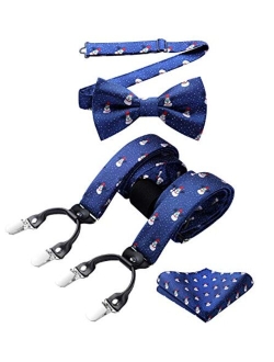 Mens Christmas Bow Tie and Suspenders Holiday Festival Braces Y Shape Fun Santa Braces Handkerchief Pocket Square Set