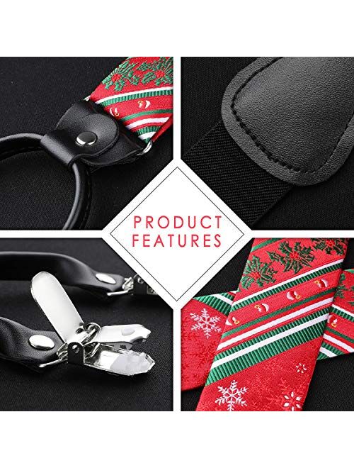 HISDERN Mens Christmas Bow Tie and Suspenders Holiday Festival Braces Y Shape Fun Santa Braces Handkerchief Pocket Square Set
