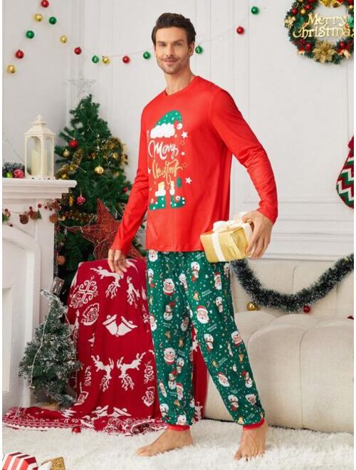 Shein Men 1pc Christmas Print Sleep Top & 1pc Sleep Pants