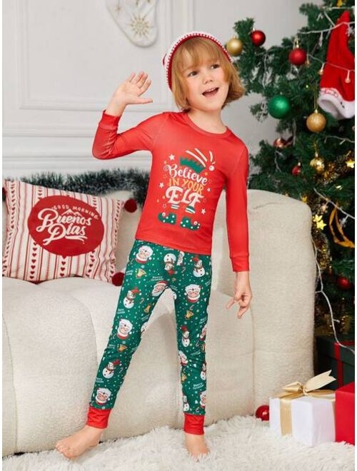 Shein Young Boy 1pc Christmas Print Top & 1pc Pants PJ Set