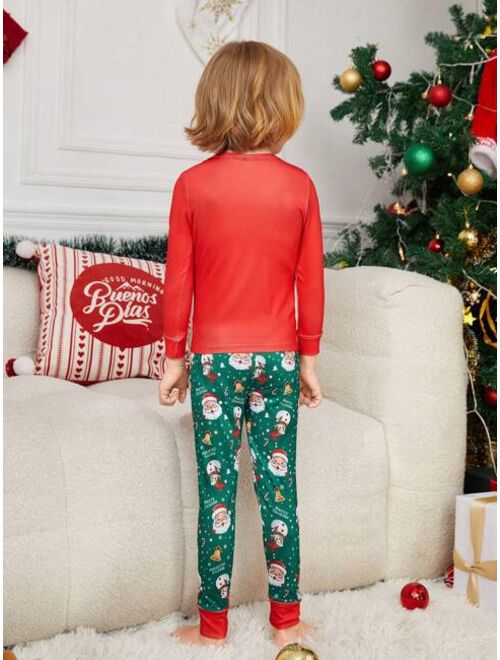 Shein Young Boy 1pc Christmas Print Top & 1pc Pants PJ Set