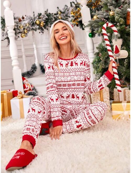 Shein Family Matching Christmas Print Contrast Trim PJ Set
