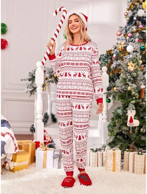 Shein Family Matching Christmas Print Contrast Trim PJ Set