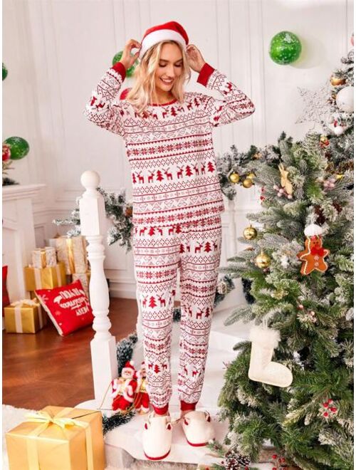 Shein Family Matching Christmas Print Contrast Trim PJ Set