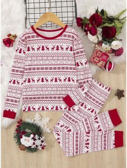 Tween Girl 1pc Family Matching Christmas Print Contrast Binding Tee & 1pc Pants PJ Set