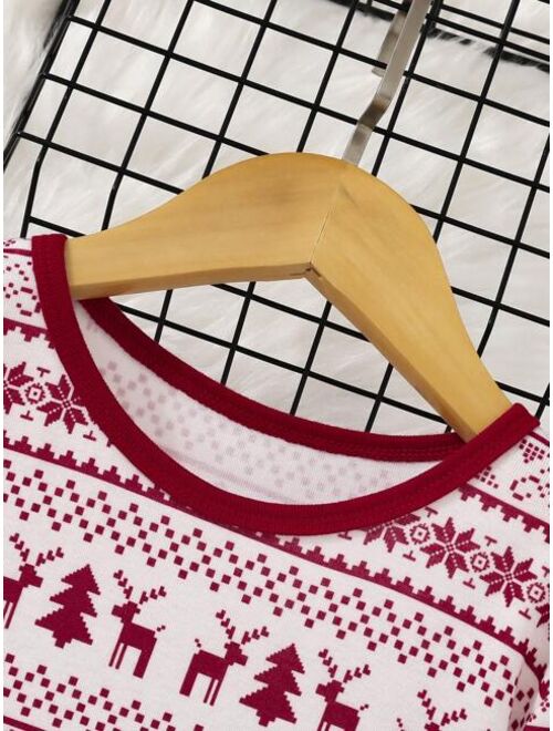 Shein Tween Girl 1pc Family Matching Christmas Print Contrast Binding Tee & 1pc Pants PJ Set