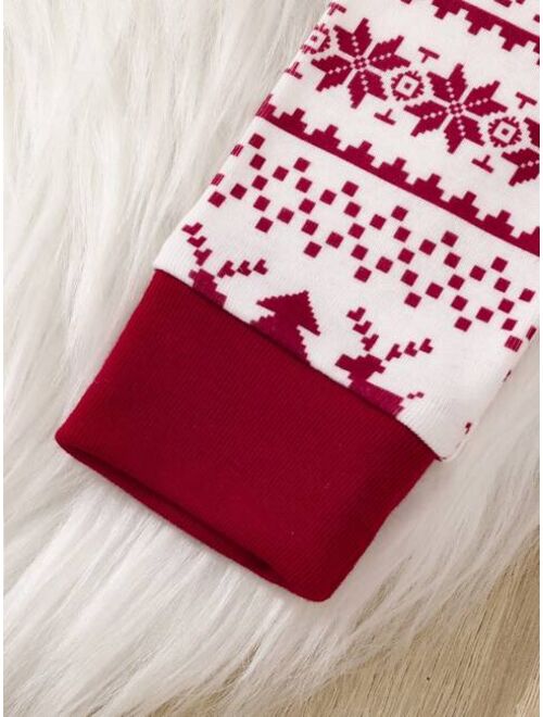 Shein Tween Girl 1pc Family Matching Christmas Print Contrast Binding Tee & 1pc Pants PJ Set