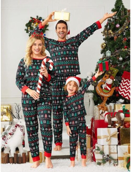 Shein Family Matching Christmas Print Contrast Trim PJ Set