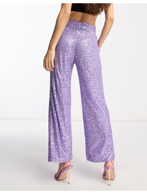 ASOS DESIGN Petite straight sequin ankle grazer pants in purple