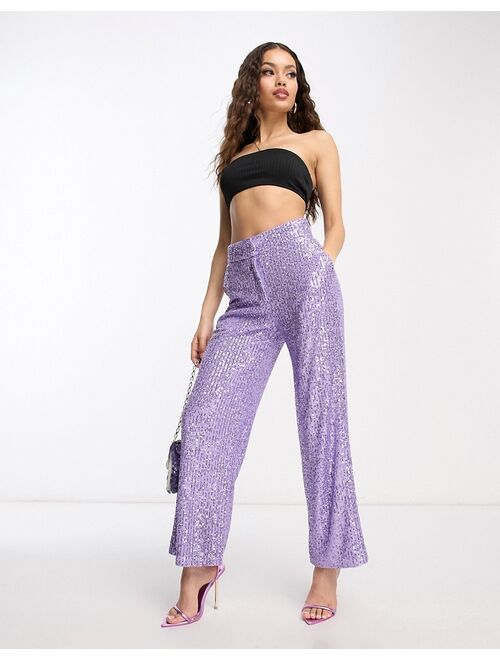 ASOS DESIGN Petite straight sequin ankle grazer pants in purple
