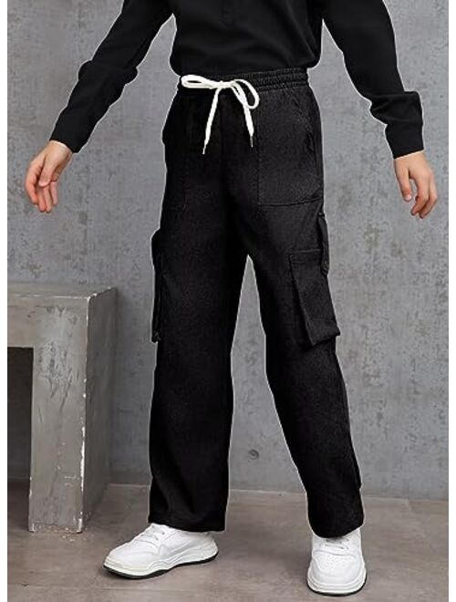 Dokotoo Kids Boys Corduroy Cargo Pants Drawstring Elastic Waist Straight Leg Trousers for Kids 7-14 Years