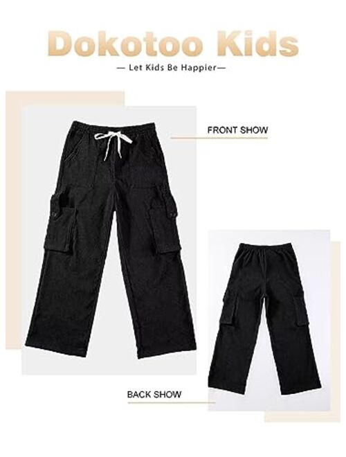 Dokotoo Kids Boys Corduroy Cargo Pants Drawstring Elastic Waist Straight Leg Trousers for Kids 7-14 Years