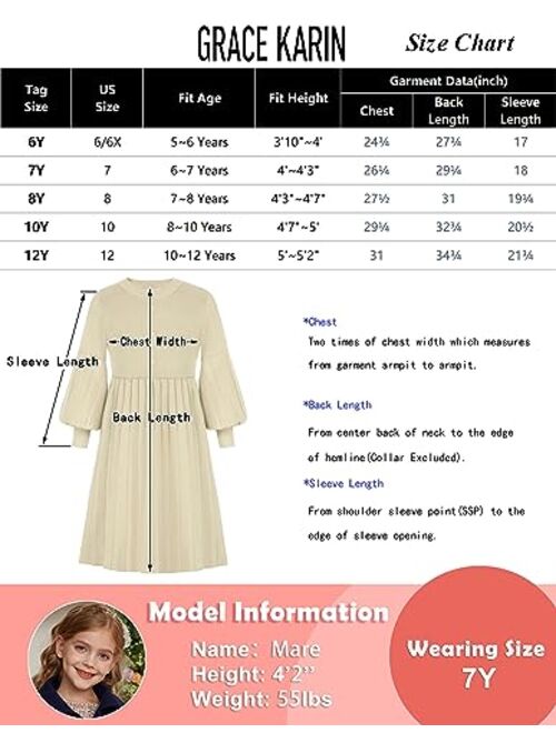 GRACE KARIN Girls Sweater Dress Long Sleeve Pleated A-Line Fall Dress 5-12Y