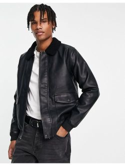faux leather flight jacket with borg collar in black