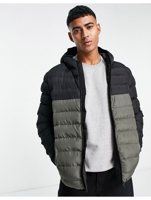 French Connection contrast puffer jacket with hood in black & khaki