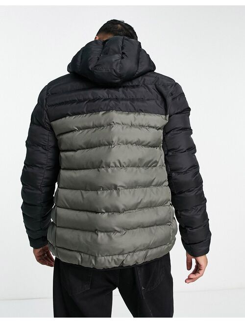 French Connection contrast puffer jacket with hood in black & khaki