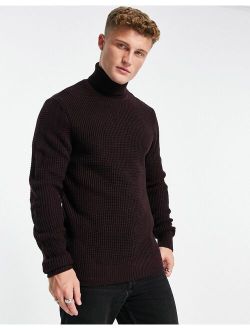 waffle roll neck sweater in burgundy