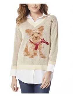 Women's Dog Scarf Layered-Look V-Neck Sweater
