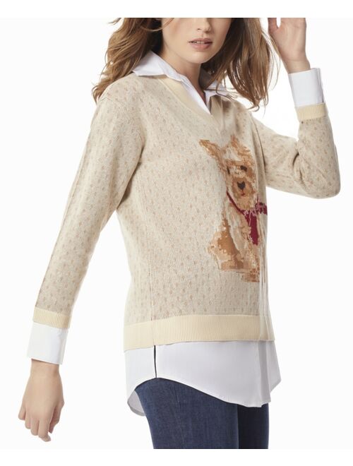 Jones New York Women's Dog Scarf Layered-Look V-Neck Sweater