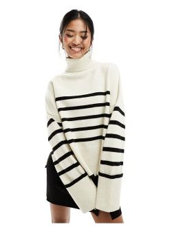 roll neck sweater in ecru & black stripe