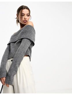 off shoulder sweater in chunky rib in charcoal