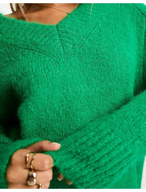ASOS DESIGN chunky oversized v neck sweater in brushed yarn in green