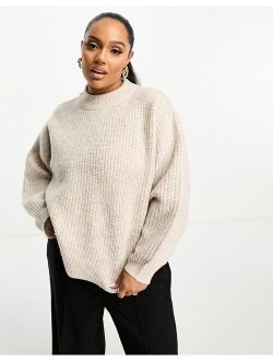 ASOS Curve ASOS DESIGN Curve fluffy rib sweater with crew neck in oatmeal