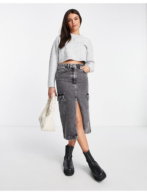 Miss Selfridge heritage chunky cable sweater in gray